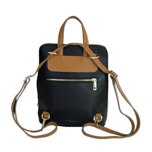 DIVINA FIRENZE Italian Made Leather Black Cognac Convertible Backpack Bag Pocket